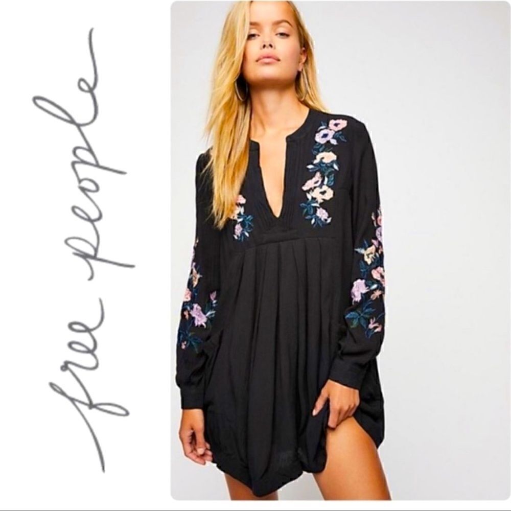 Free People- Black Mia Gauze Embroidered Mini Dress, Size XS